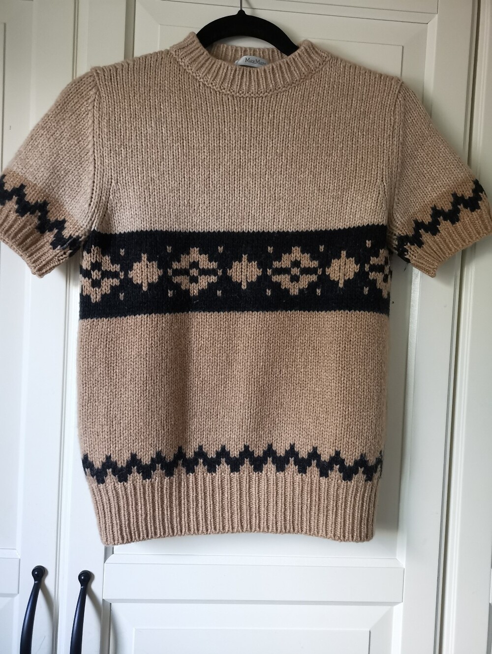 MaxMara Camel Wool Blend Fair Isle Short Sleeve Knit Sweater Size M